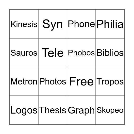 Greek Roots Bingo Card