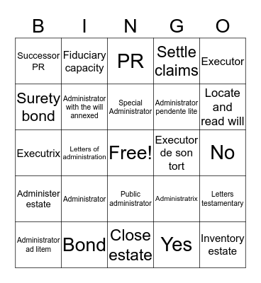 Personal Representative Bingo Card