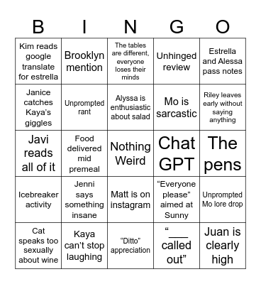 Premeal Bingo Card