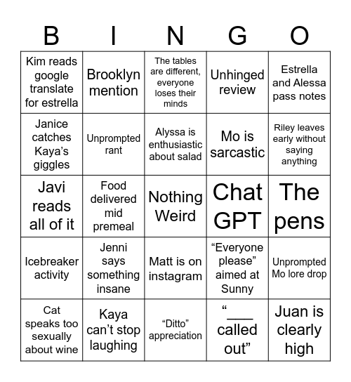 Premeal Bingo Card