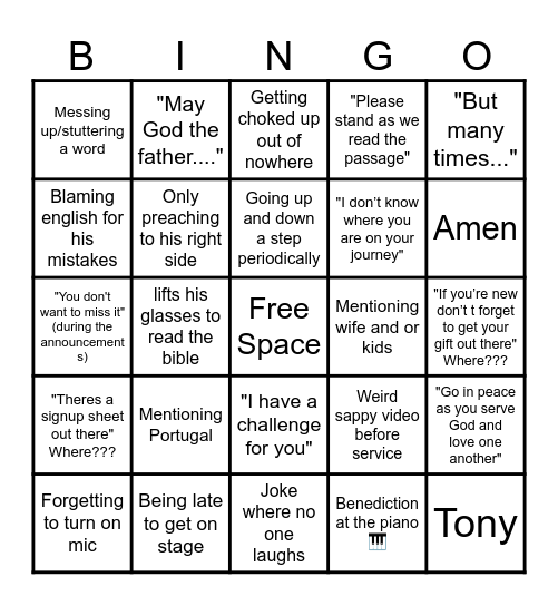 Pastor Sam Bingooo Bingo Card