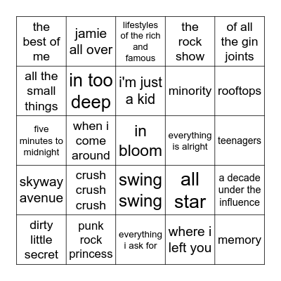 Pop Punk Summer Bingo Card