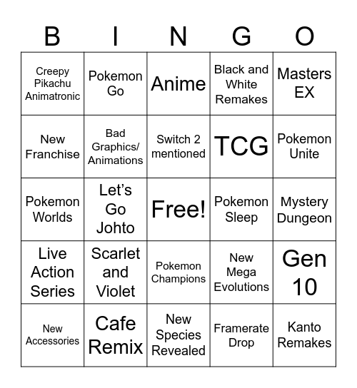 Pokemon Presents Bingo Card