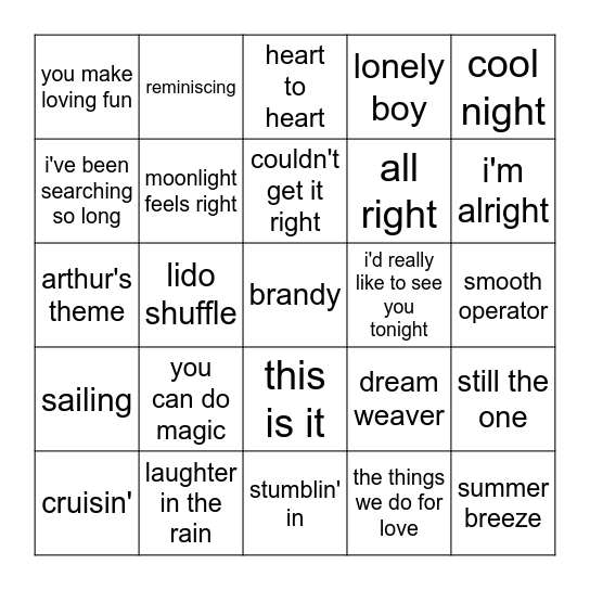yacht rock Bingo Card
