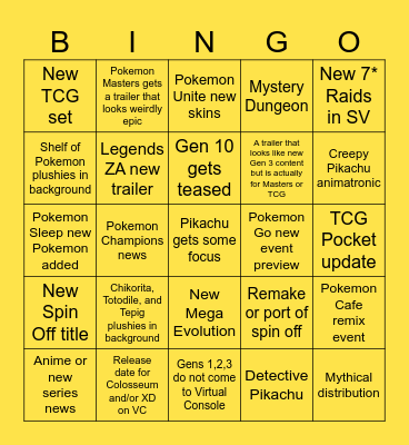 Pokemon Presents July 2025 Bingo Card
