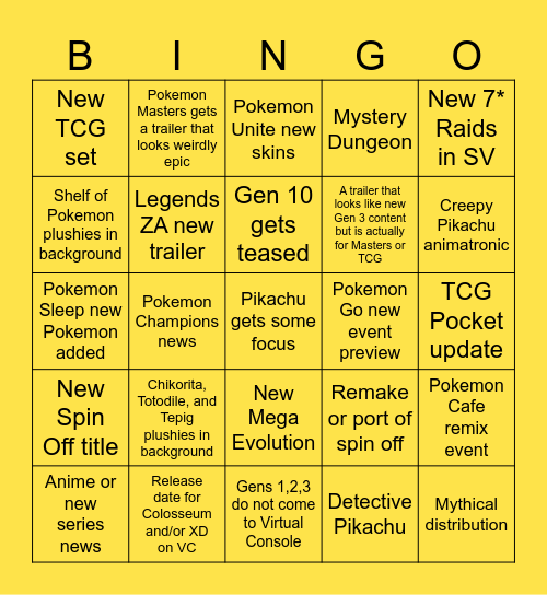 Pokemon Presents July 2025 Bingo Card