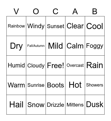 Vocab Club Weather Bingo Card