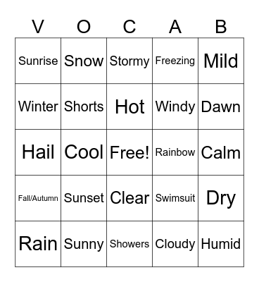 Vocab Club Weather Bingo 2 Bingo Card