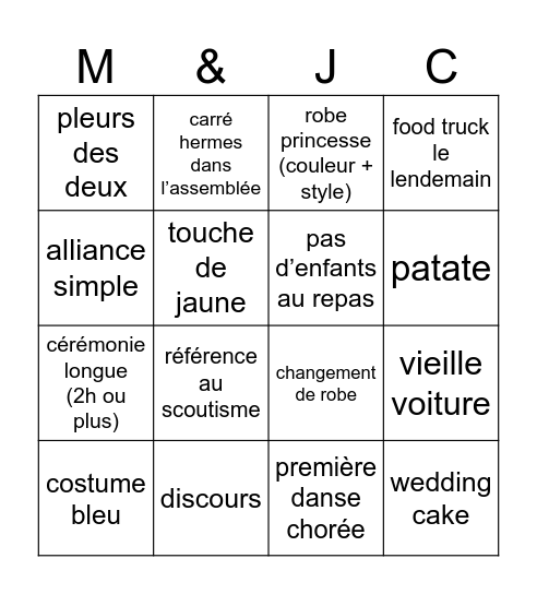 wedding Bingo Card