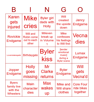 Stranger Things 5 Bingo Card