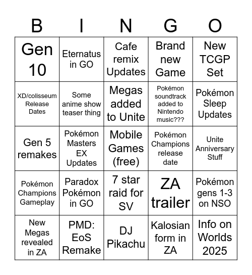 Pokémon Presents Bingo Card