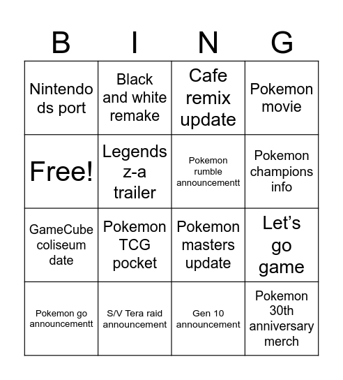 Pokemon presents Bingo Card