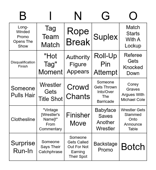 WWE Bingo Card