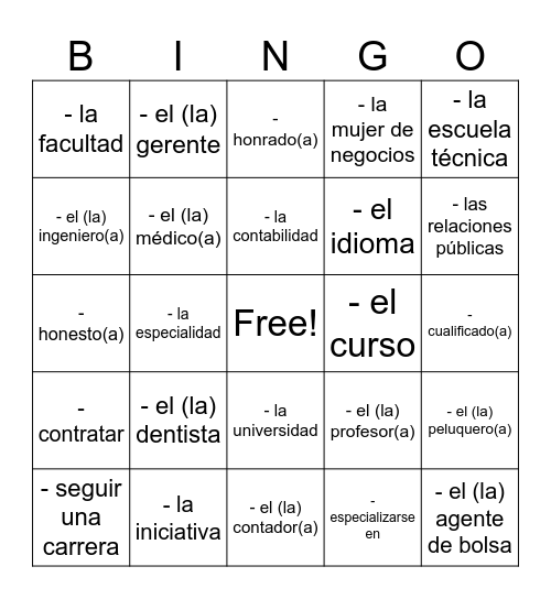 Avancemos 3 vocabulario 7.2 Bingo Card