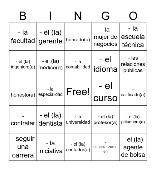 Avancemos 3 vocabulario 7.2 Bingo Card