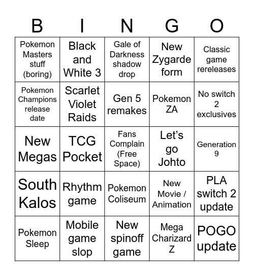 Pokemon Presents Bingo Card