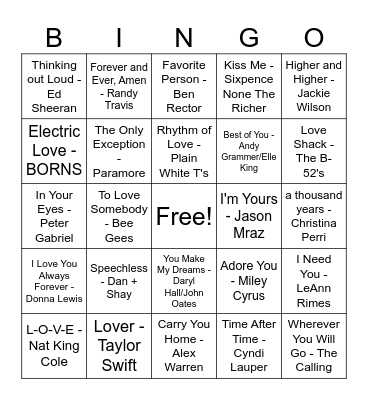 Love Song Music Bingo Card