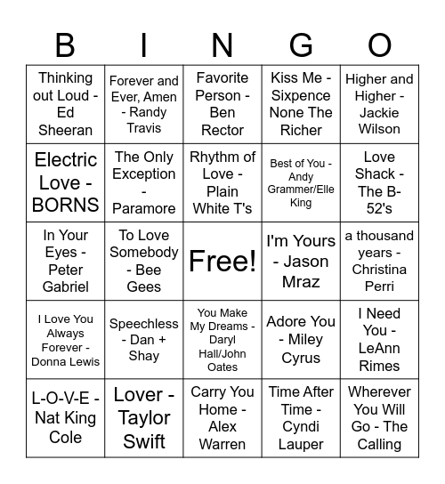 Love Song Music Bingo Card