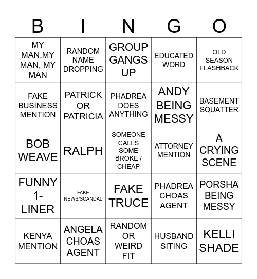 ATL Housewives S16 Reunion P2 Bingo Card