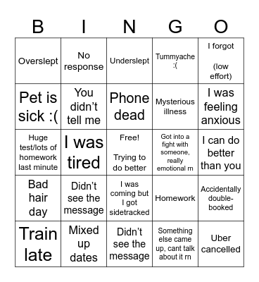 Excuses BINGO Card