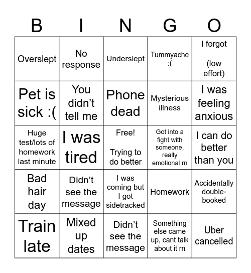 Excuses BINGO Card