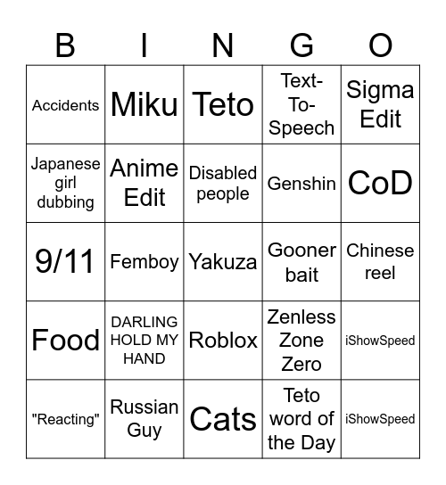 Instagram reels Bingo Card