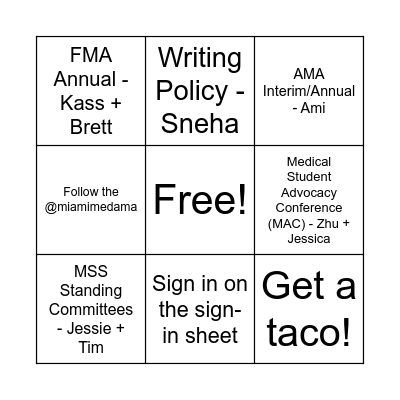 Get Involved: AMA & FMA Bingo **fill out the whole sheet! Bingo Card