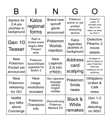 Brare's Pokemon Presents Bingo Card