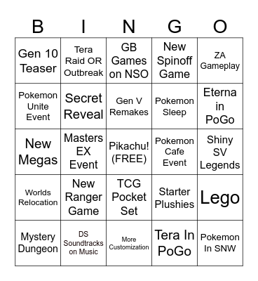 Pokemon Presents Bingo Card