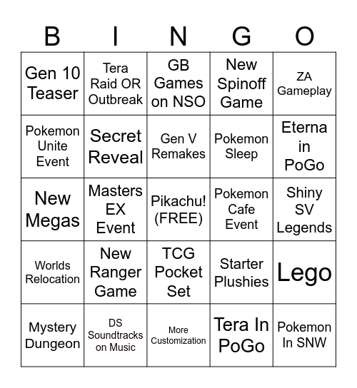 Pokemon Presents Bingo Card