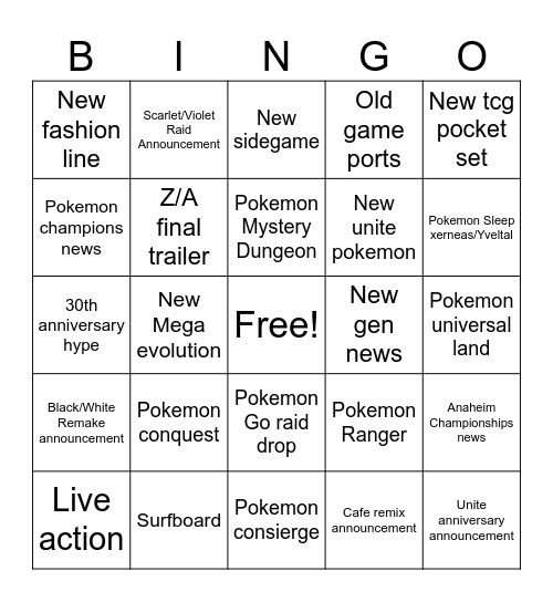 Pokemon Direct 07/22/25 Bingo Card
