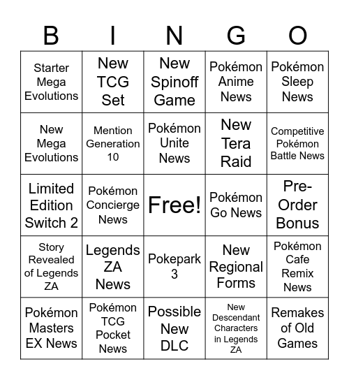 Pokémon Presents July 2025 Bingo Card