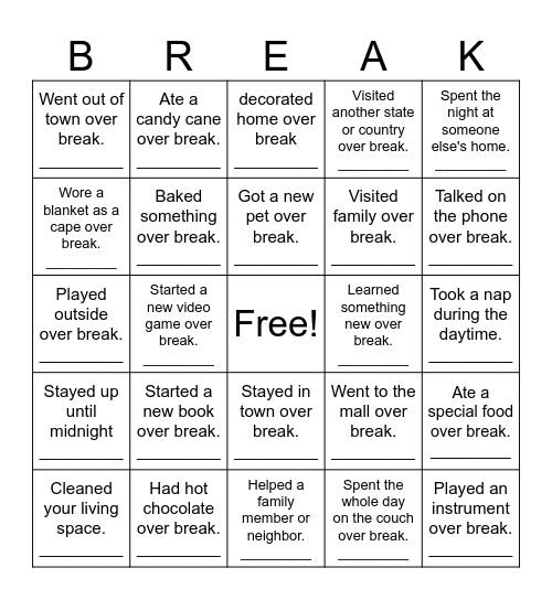 Back-From-Break Bingo Card