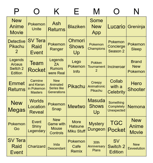 Pokemon Presents 7/22/25 Bingo Card