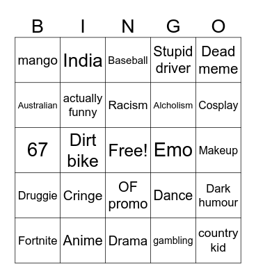 Tiktok bingo Card