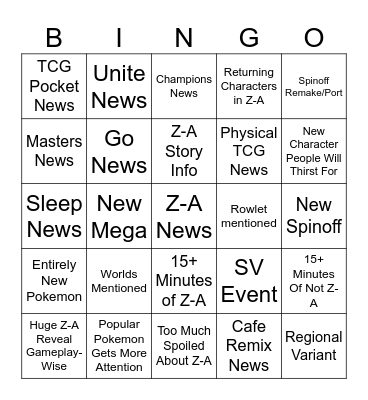 July 22nd Pokemon Presents Bingo Card