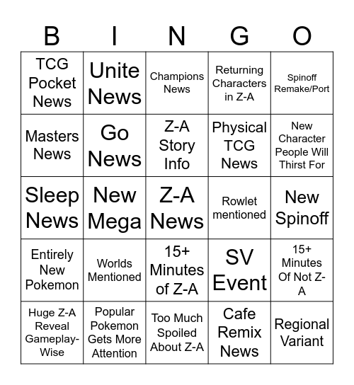 July 22nd Pokemon Presents Bingo Card