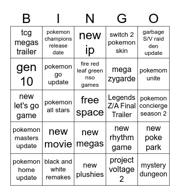 Pokemon Presents Bingo Card