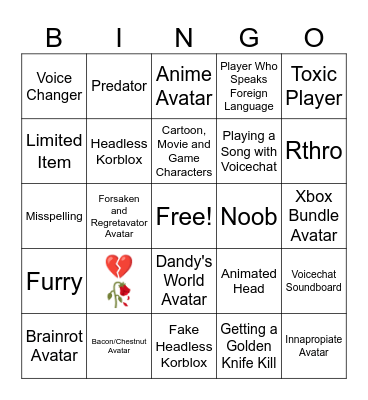 Roblox Bingo Card