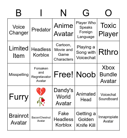 Roblox Bingo Card