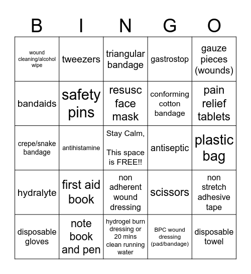 First Aid Kit Bingo Card