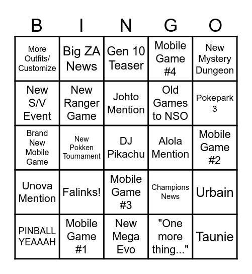 Pokémon Presents Bingo Card