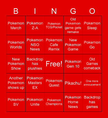 Pokemon Presents Bingo Card