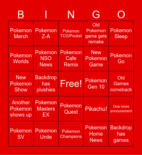 Pokemon Presents Bingo Card