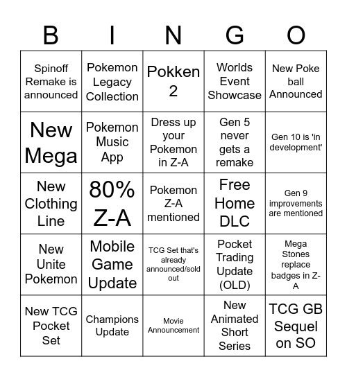 Pokemon Presents Bingo Card