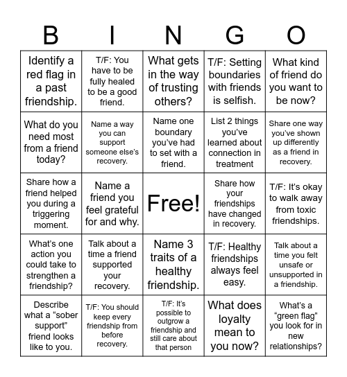 Friendships in Recovery BINGO Card