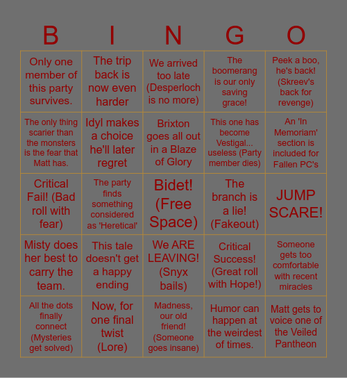 Age of Umbra- Session 8 Bingo Card