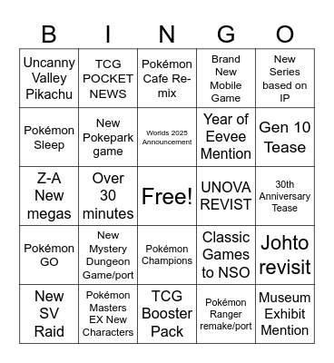Pokémon Presents 2025 Bingo Card
