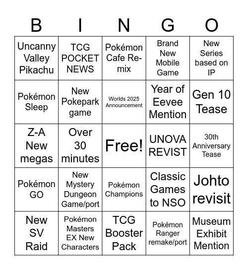 Pokémon Presents 2025 Bingo Card