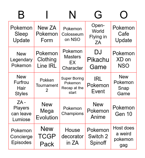 Pokemon Direct Bingo Card
